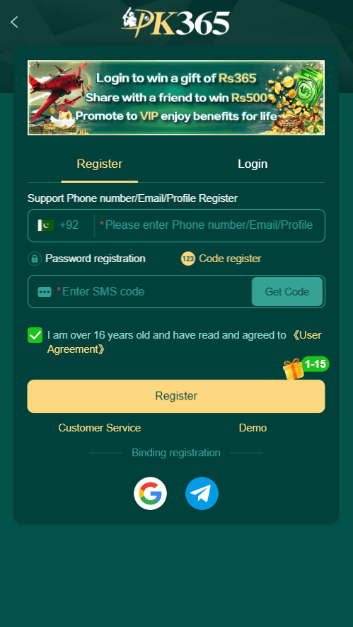 PK365 Game register and login screen with +92 phone field, password login, and Google or Telegram quick login